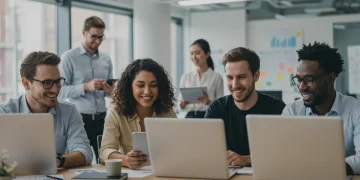 Employees collaborating in a modern office, symbolizing well-being and growth through benefits.