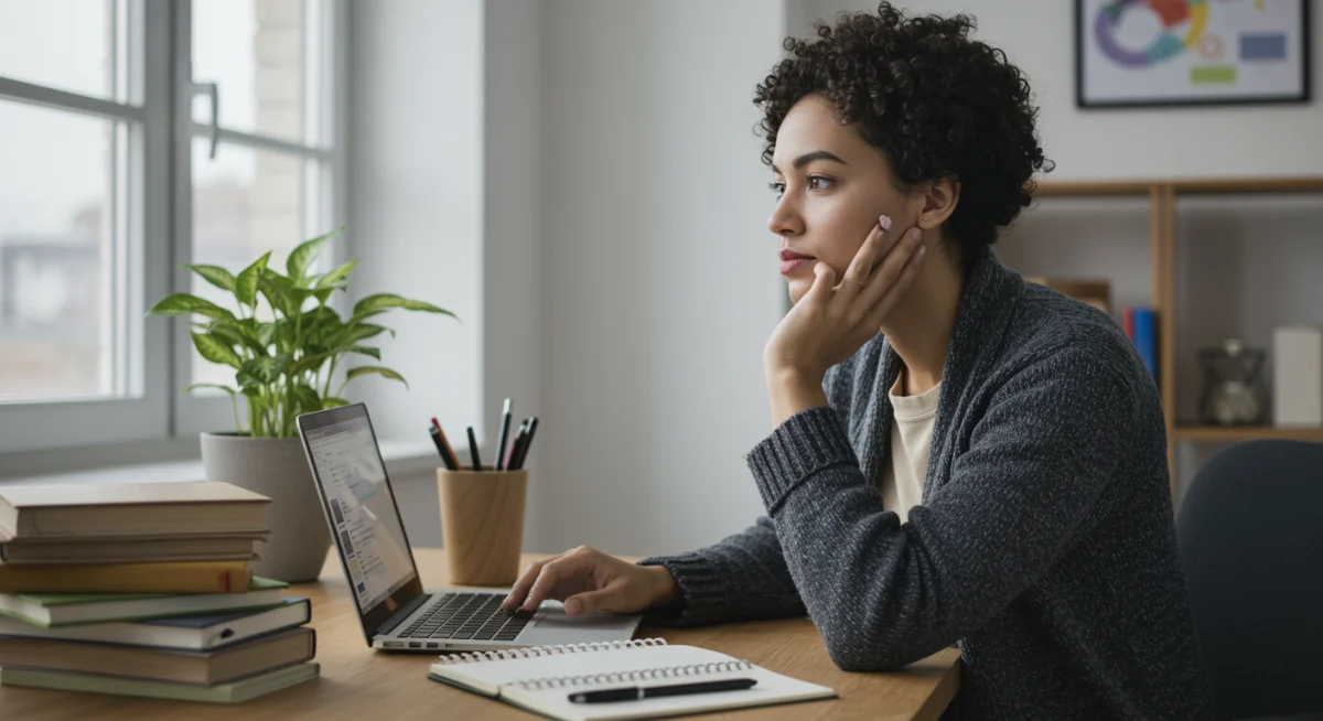 Individual focused on personal development and learning at a desk.