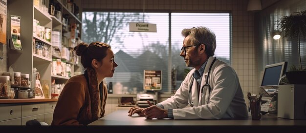 An image depicting a pharmacy counter with a pharmacist counseling a patient. The focus should be on the interaction between the pharmacist and patient, emphasizing communication and information sharing.