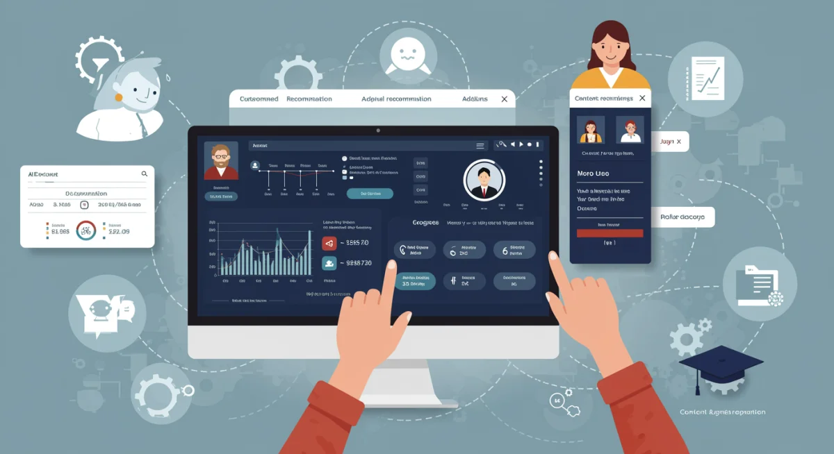 Student using an AI-powered personalized learning platform with adaptive content and virtual tutor.