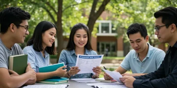 Diverse college students discussing FAFSA forms, symbolizing federal aid navigation.