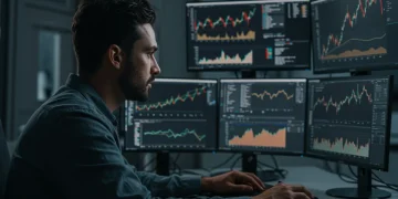 Financial analyst examining economic data and investment trends on computer screens.