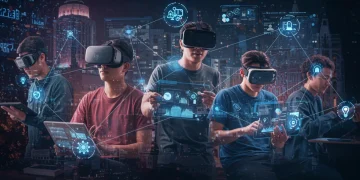 Students engaging with advanced online learning tools, including VR and AI, in a futuristic US educational setting.