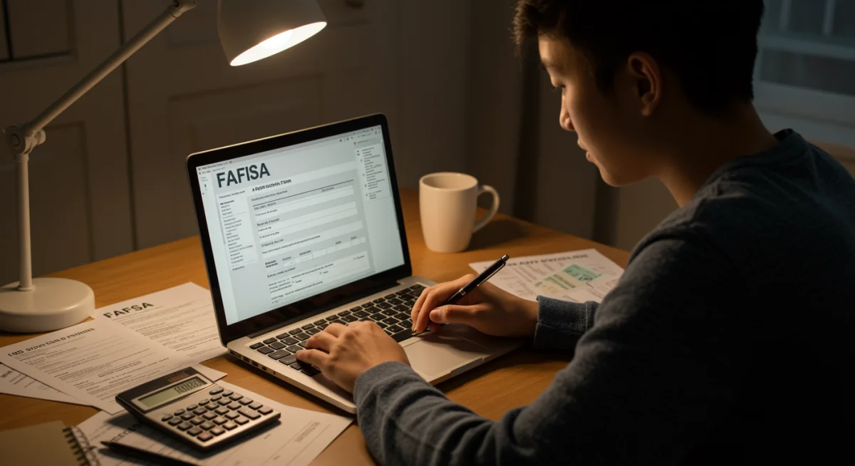 Student completing FAFSA online, surrounded by financial documents for accuracy.