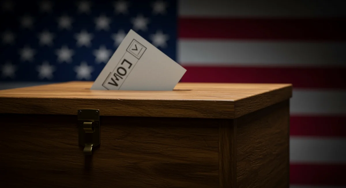 Ballot box with American flag, symbolizing democratic participation in the election.