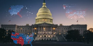 US Capitol building with electoral map overlays, representing the 2025 presidential election cycle.