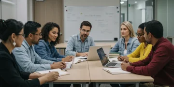 Adult learners discussing federal grant applications in a classroom setting