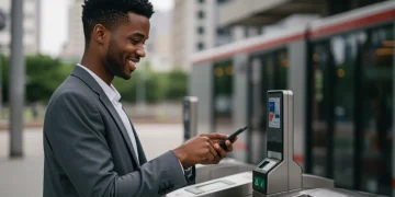 Smiling person scanning transit pass, symbolizing commuter savings