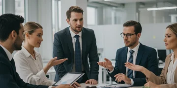 Diverse employees discussing new FMLA regulations in a modern office