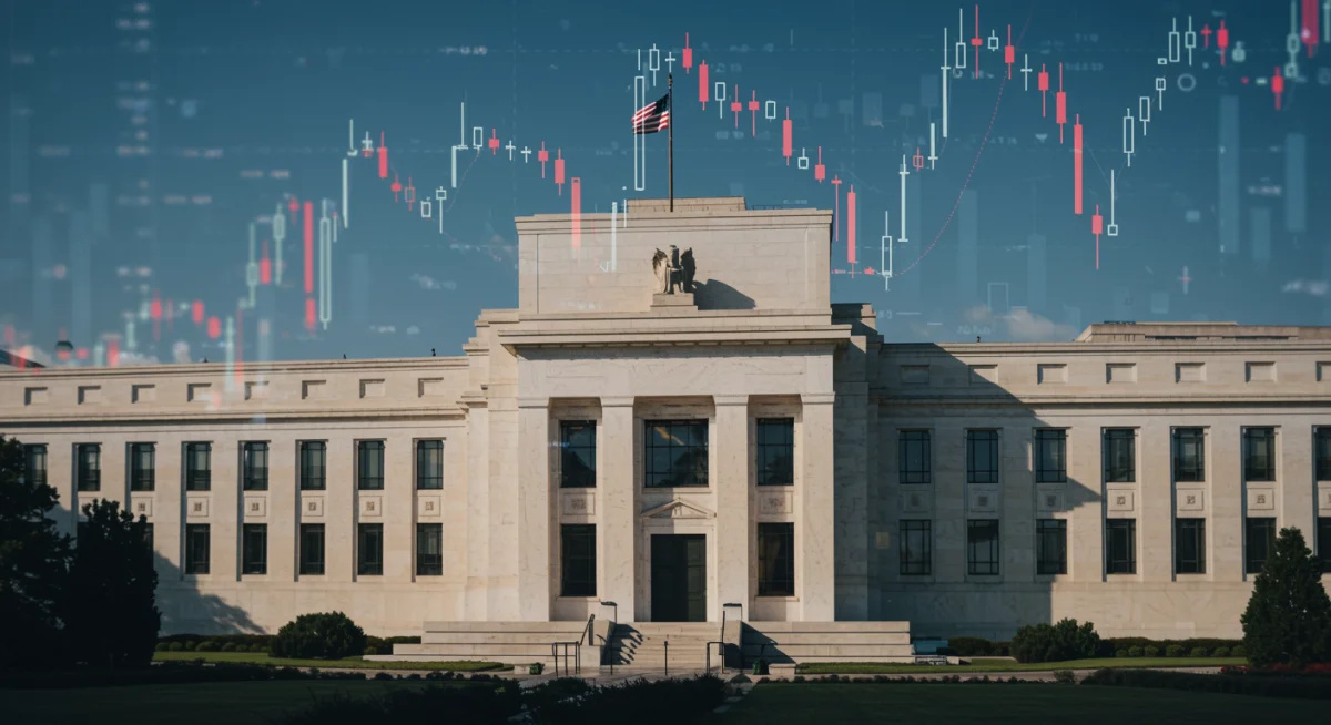 Federal Reserve building with financial charts, illustrating monetary policy's role in interest rates.