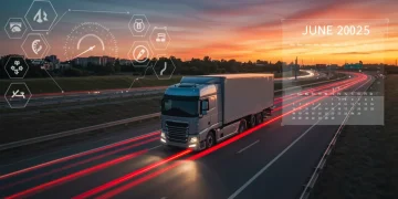 Semi-truck on interstate highway with regulatory symbols, symbolizing new federal transportation rules.