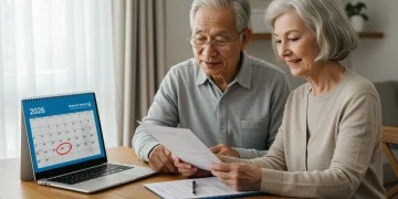 Senior couple planning Medicare Part B finances for 2026, looking at documents.
