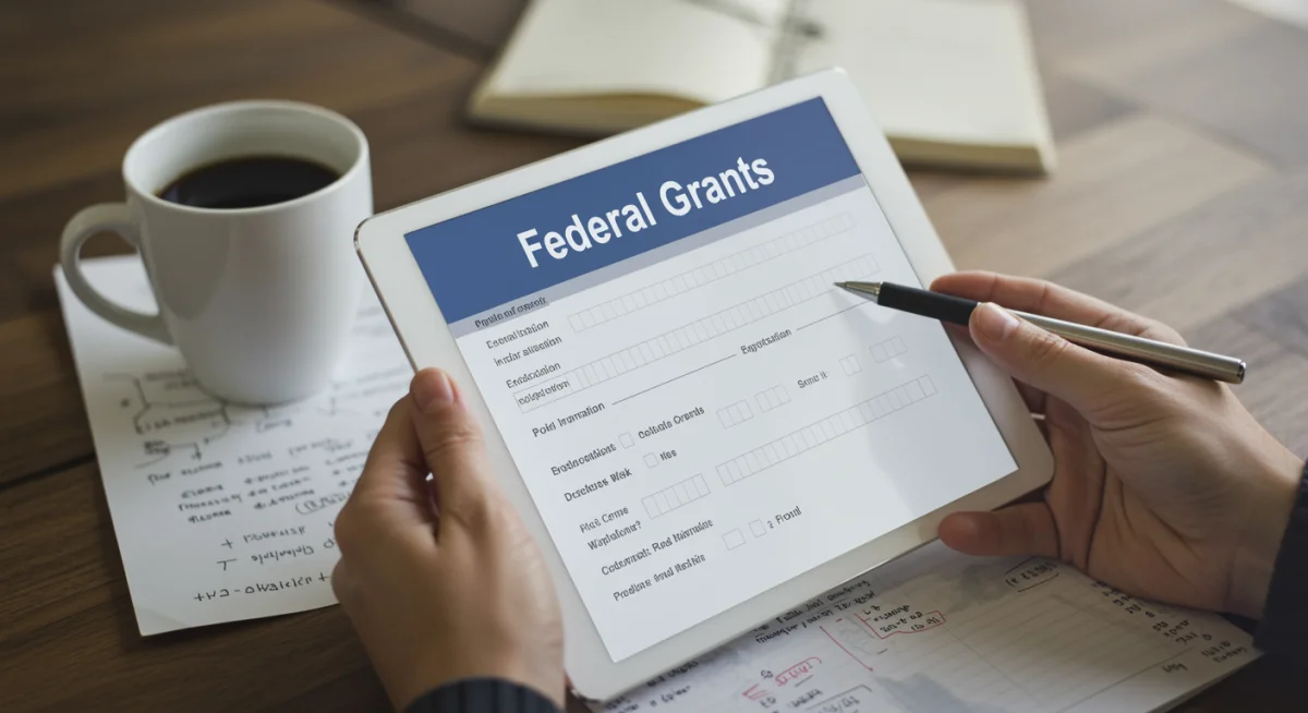 Hands filling out an online federal grant application for adult learners