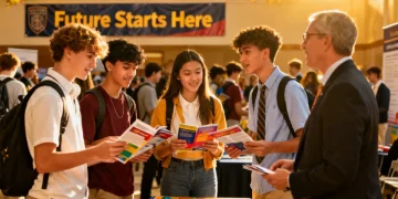 Students at a college fair learning about 2026 college admissions