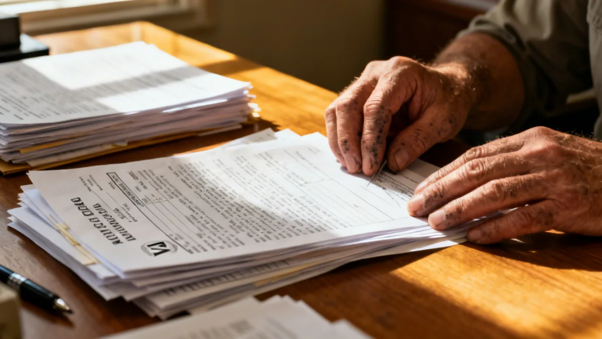 Hands organizing medical documents and VA forms for a disability claim