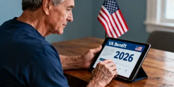 Veteran reviewing VA disability benefits on a tablet, planning for 2026