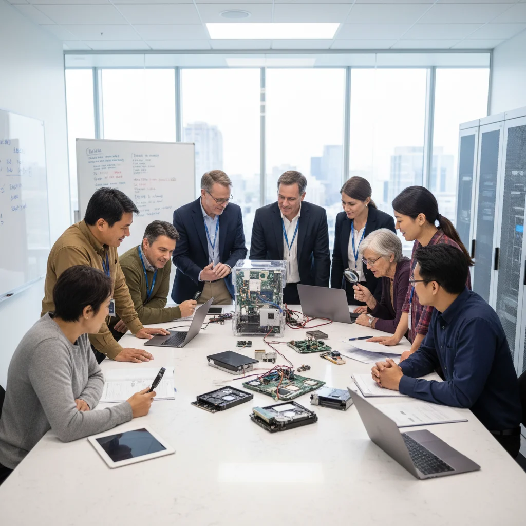 Election officials and auditors conducting a detailed examination of voting machine components.