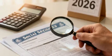 Magnifying glass over 2026 Social Security statement, symbolizing retirement planning and benefit analysis.