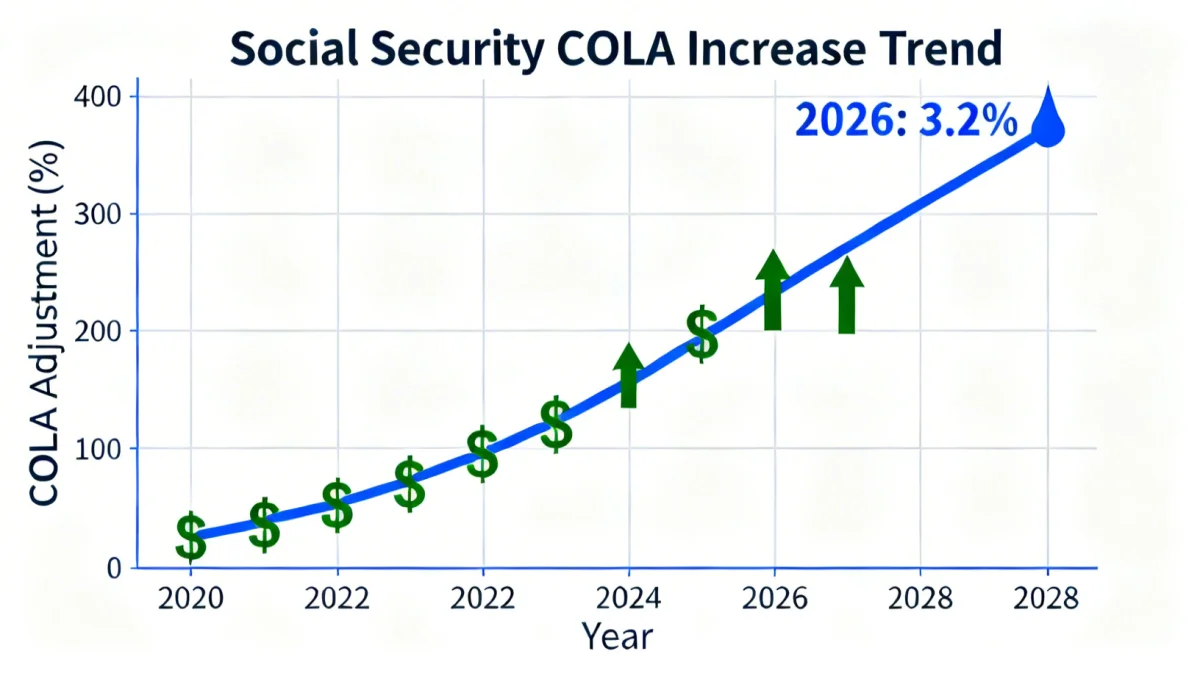 Chart showing upward trend of Social Security COLA increases, highlighting 2026 3.2% adjustment.
