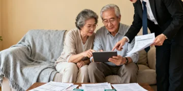 Financial advisor discussing long-term care plans with an elderly couple