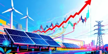 Futuristic energy landscape with solar panels, wind turbines, and smart grid, symbolizing investment growth