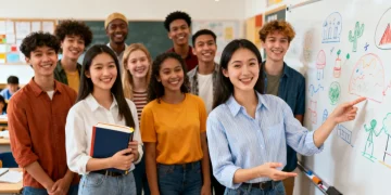 Diverse group of new teachers smiling in a modern classroom, ready to inspire students.