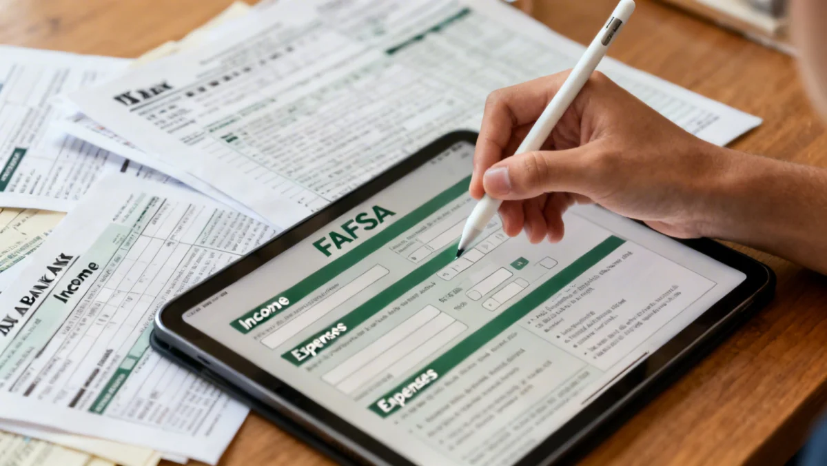 Student actively completing a FAFSA form on a tablet, demonstrating the financial aid application process.