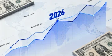Financial charts and bond certificates representing 2026 bond market performance forecast with a 4% target yield.