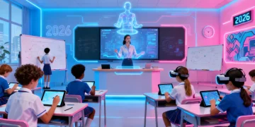 Students using advanced digital learning tools in a modern 2026 classroom.