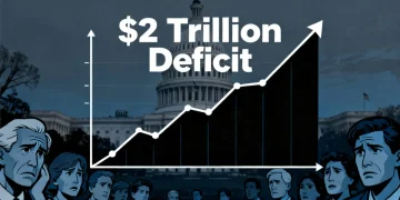 Graph illustrating a $2 trillion federal budget deficit for 2026, with the US Capitol in the background.