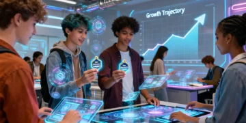 Students learning with micro-credentials in a futuristic classroom, symbolizing educational advancement.