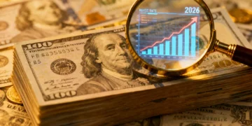 Dollar bills under magnifying glass with rising interest rate chart, symbolizing high-yield savings growth.