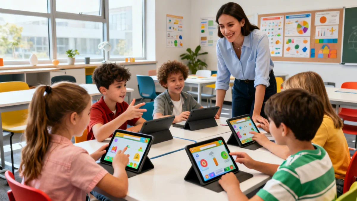 Elementary students collaborating with digital learning software.