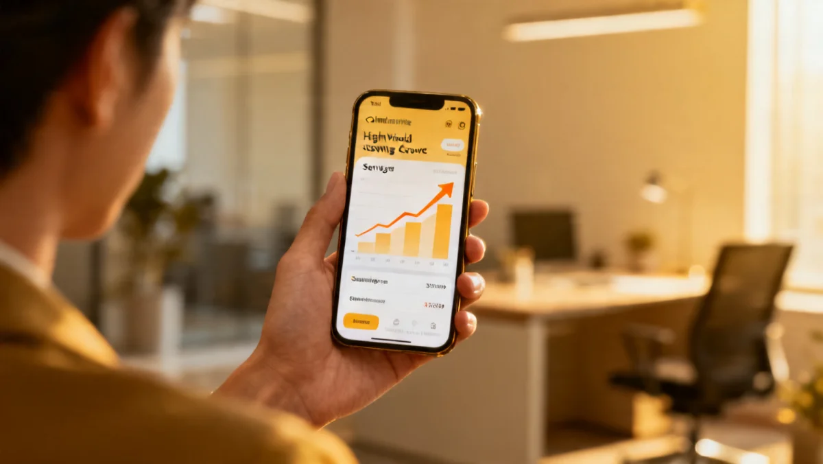 Smartphone displaying online banking app with savings growth graph.