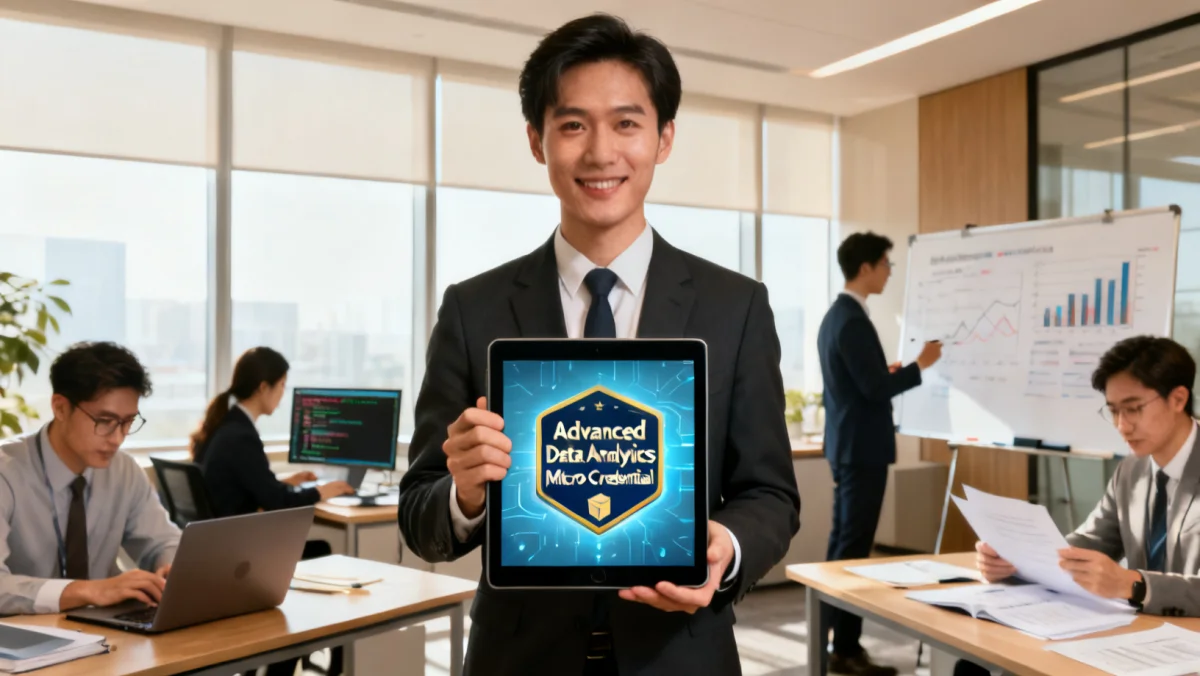 Professional showcasing digital micro-credential badge in a collaborative office environment.