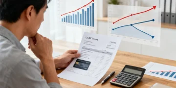 Person planning debt reduction strategies with credit card statement and calculator.
