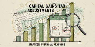 Financial chart with tax forms and a 2026 calendar, representing capital gains tax adjustments and planning