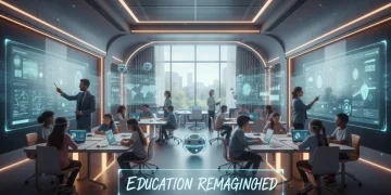 Students and teachers using modern learning technology in a reformed K-12 classroom.