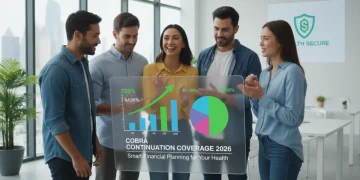 People reviewing COBRA health insurance details on a tablet with financial charts