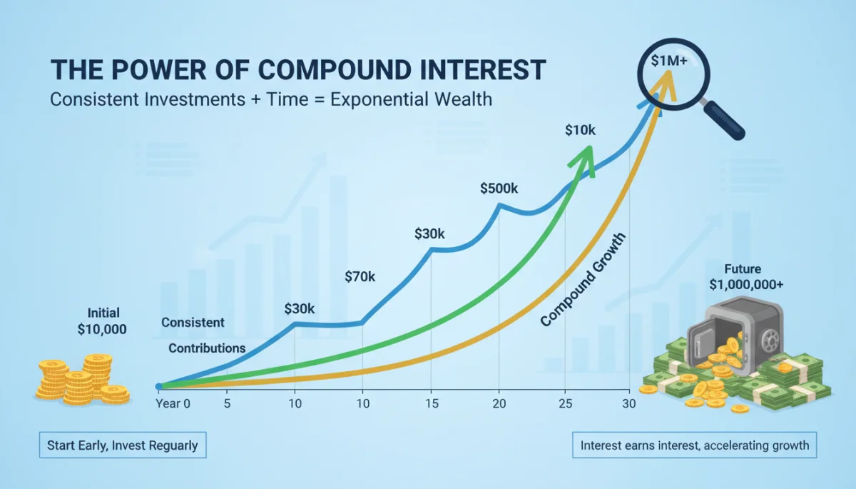 Infographic illustrating the exponential growth of investments through compound interest over several decades.