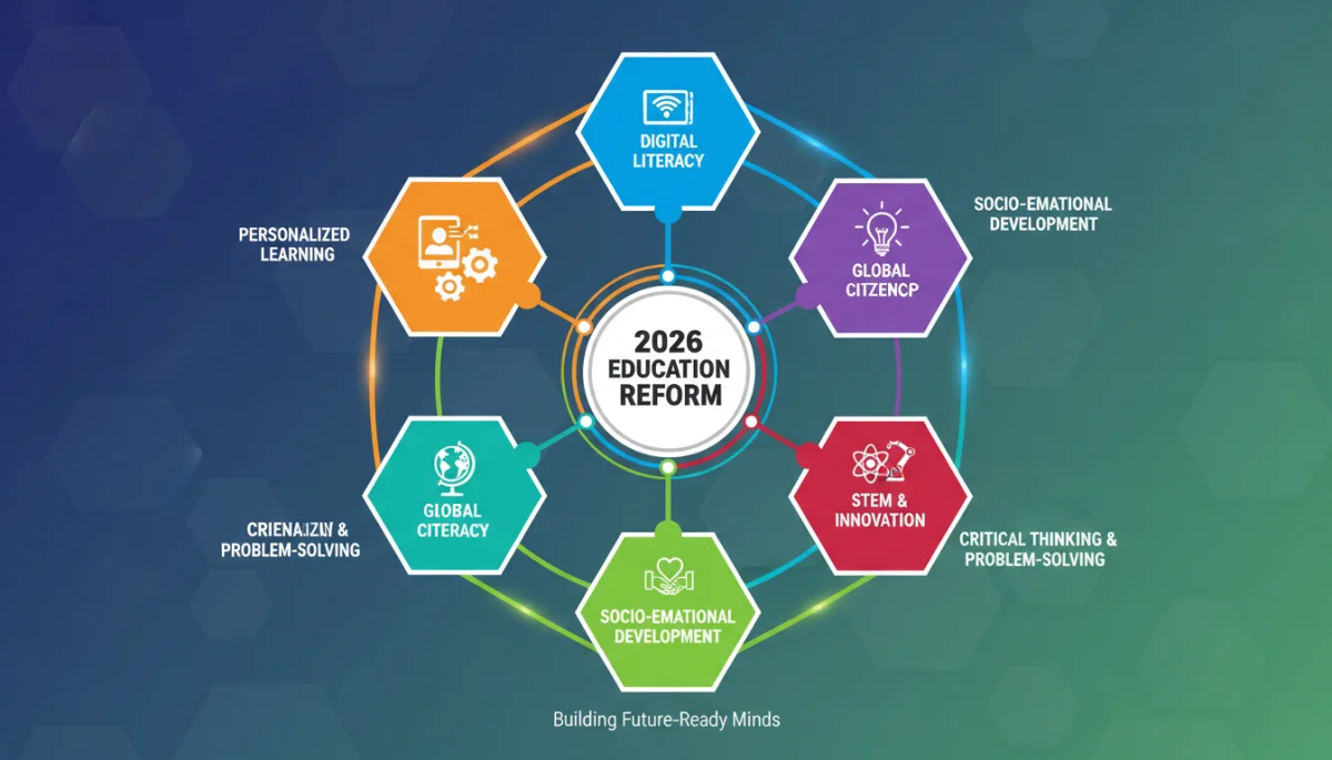 Infographic showing key pillars of the 2026 education reform and their interconnections.