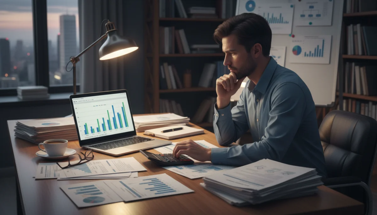 Person analyzing financial documents and laptop, strategizing for tax implications