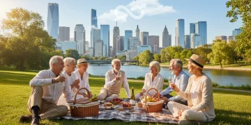 Happy diverse seniors enjoying retirement in a park with city views, representing financial freedom.