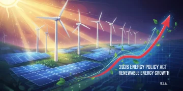 Illustration of solar panels and wind turbines under a bright sun, representing renewable energy growth.