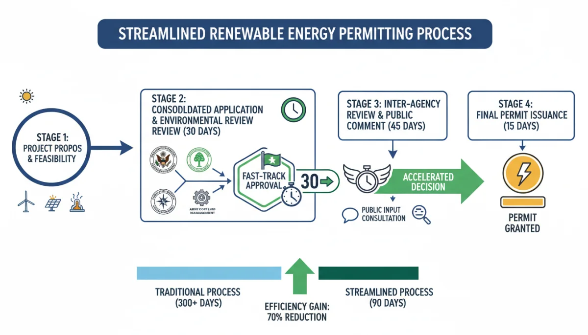 Infographic showing a simplified and expedited permitting process for renewable energy projects.
