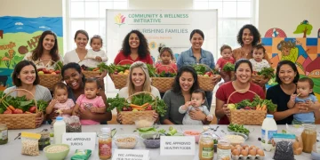 Smiling mothers and children with healthy food, representing WIC benefits