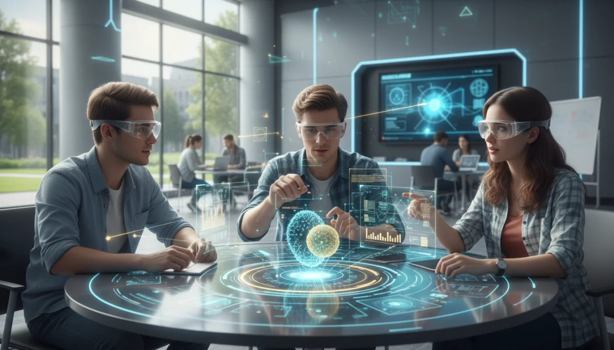 Students collaborating with augmented reality in a modern university