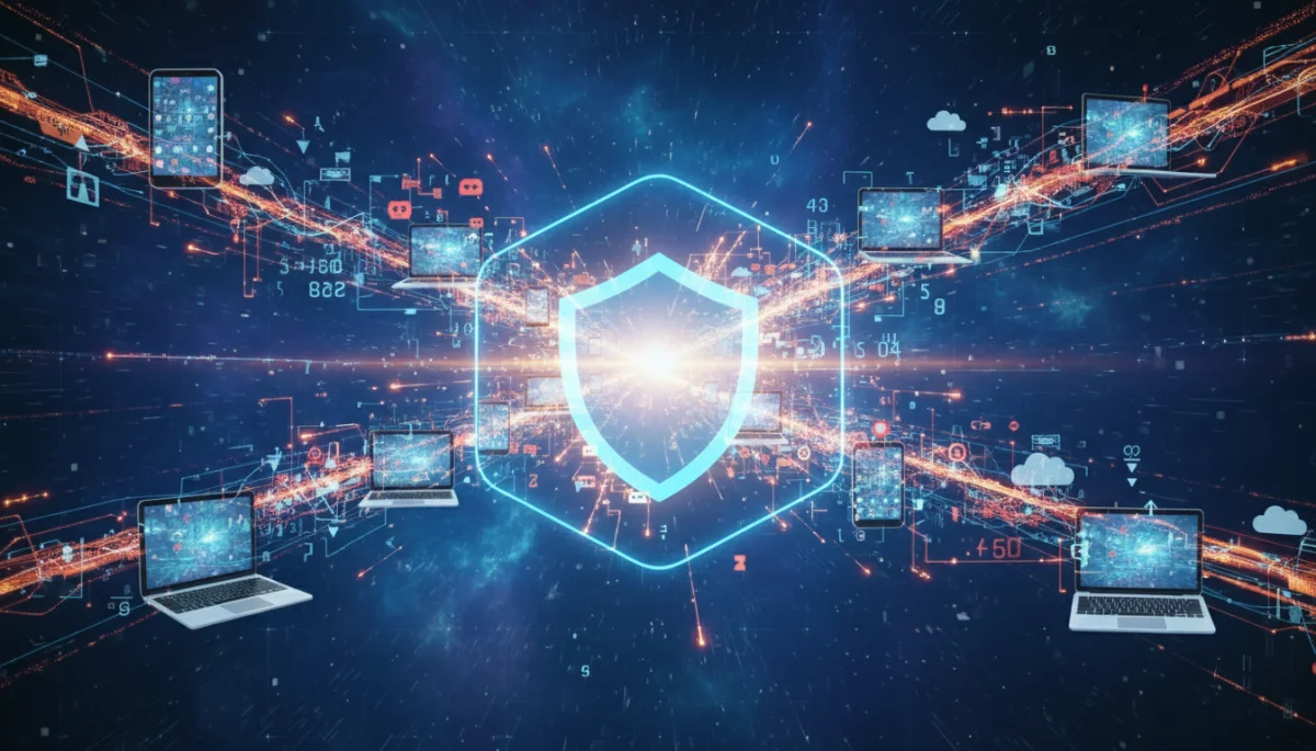 Interconnected digital devices with data flow and privacy shield, representing data protection.