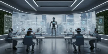 Futuristic classroom with VR headsets and AI displays in 2026