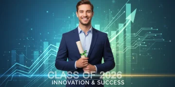 Professional holding certificate, digital career growth graphics